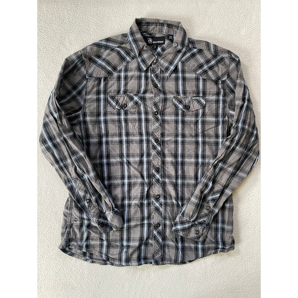 Ocean Current Mens Large Button Down Shirt Grey Plaid Western Long Sleeve Plaid‎